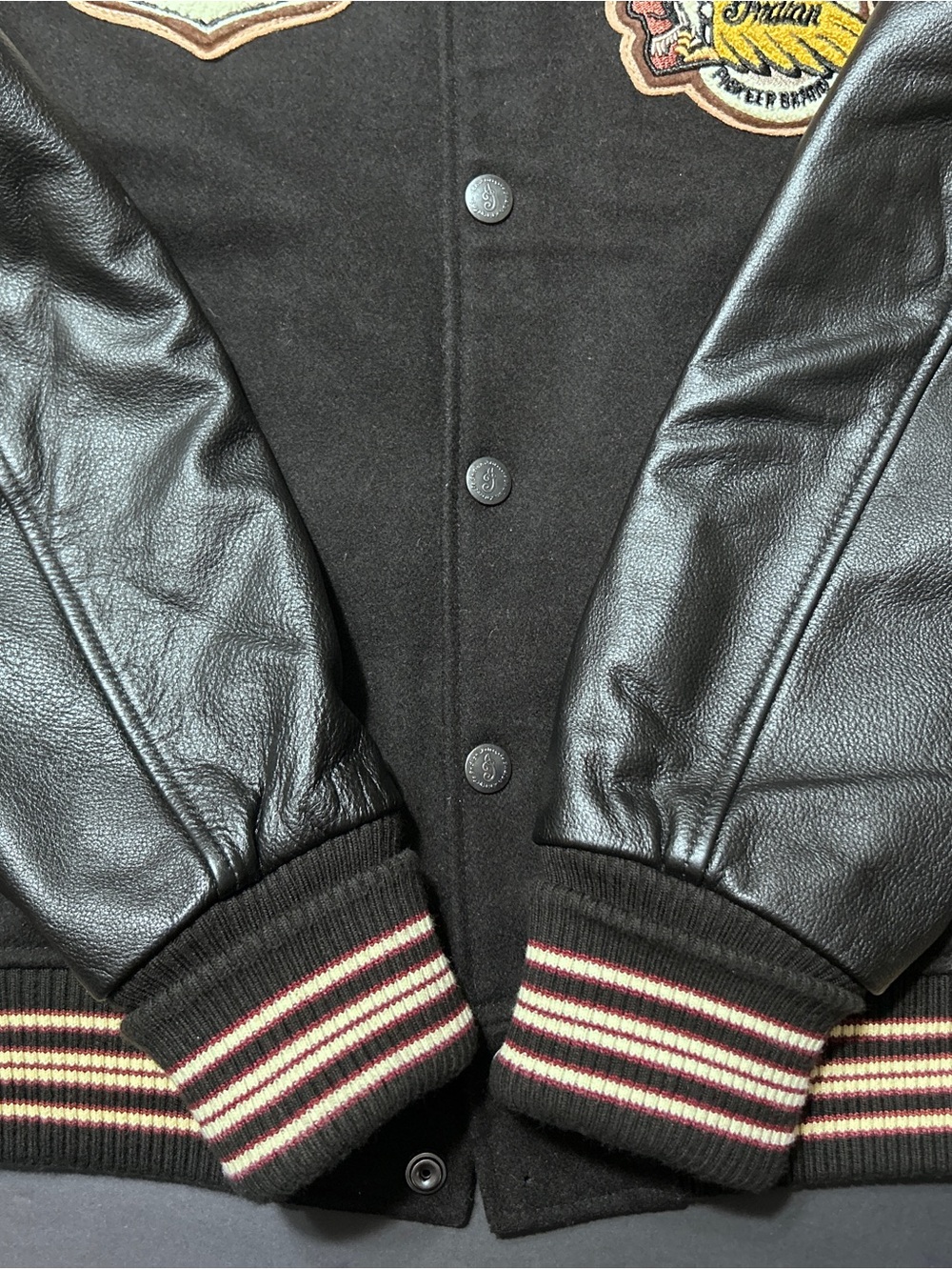 Vintage Indian Motorcycle Leather Sleeve Varsity Bomber Jacket Black L Patches - Picture 12 of 16